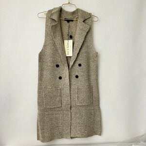 Long Sweater Vest Heather Oatmeal/Beige Open Front With Pockets Sleeveless Soft